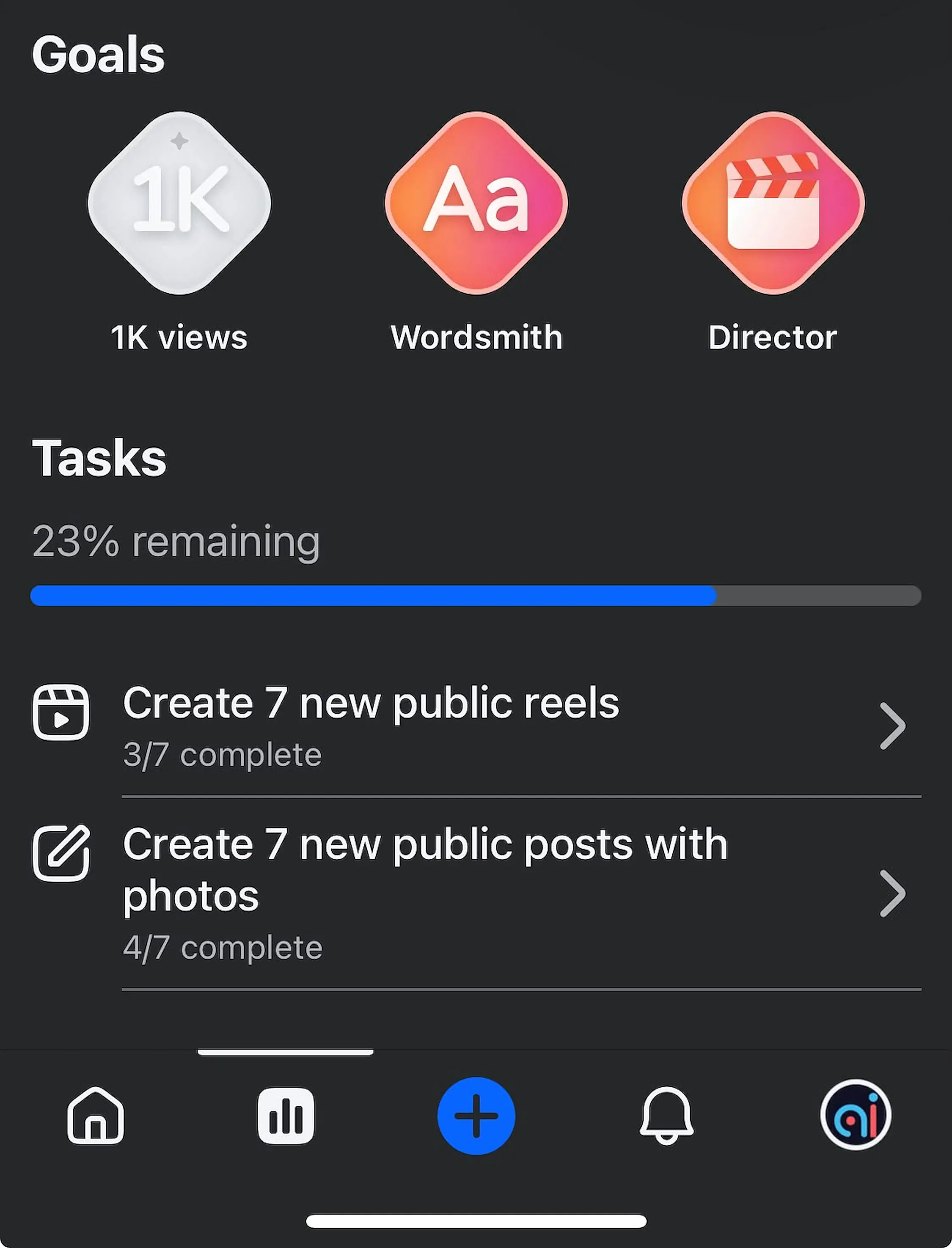 Facebook professional dashboard goals showing the 1K views milestone and reels and posts progress