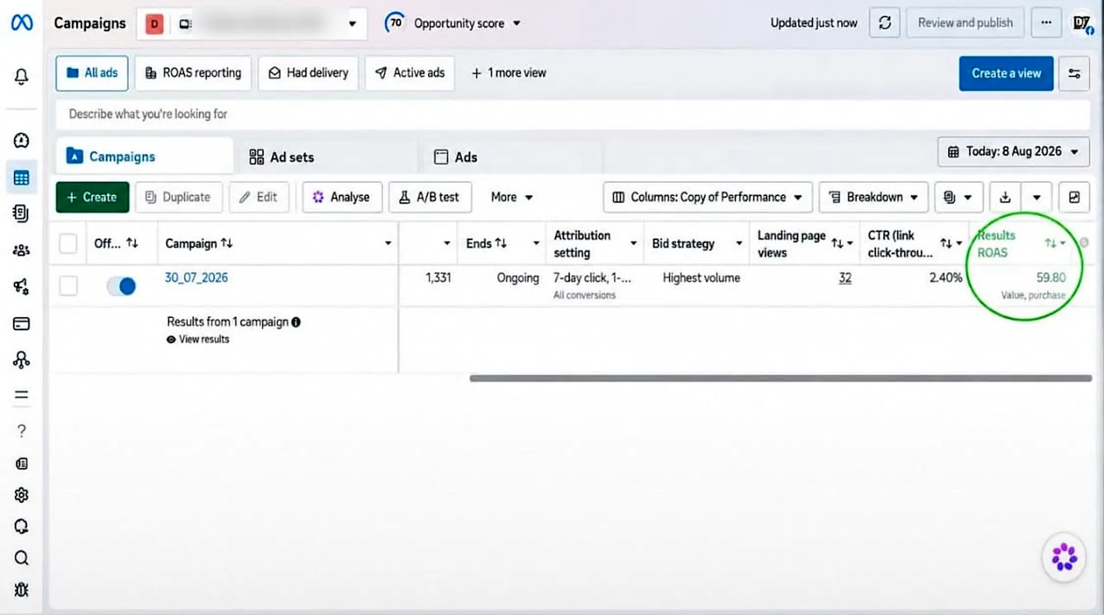 Meta Ads Manager showing 59.80 purchase ROAS and 2.40% link click-through rate