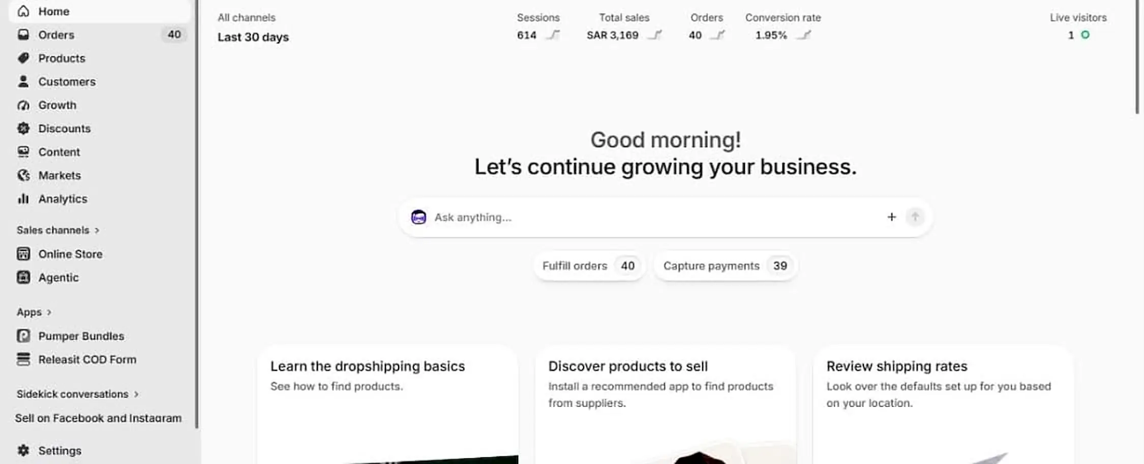 Shopify dashboard showing 614 sessions, SAR 3,169 sales, 40 orders and 1.95% conversion rate